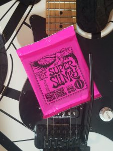 Super Slinky strings on EVH Original Strat clone.
